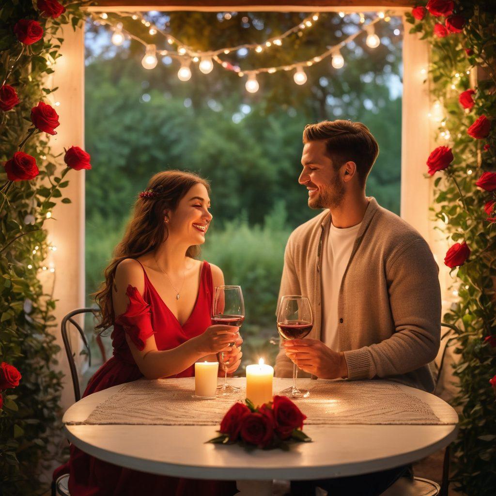A romantic evening scene featuring a cozy table set for two under twinkling fairy lights, surrounded by lush greenery and soft, glowing candles. The table is adorned with a beautiful bouquet of red roses and a bottle of wine, with the sunset casting warm hues in the background. A couple is laughing and enjoying each other's company, creating an atmosphere of love and connection. dreamy and romantic. vibrant colors. soft focus.