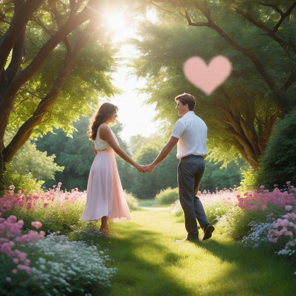 A serene outdoor setting featuring two people engaged in a playful conversation, surrounded by lush greenery and vibrant flowers symbolizing emotional growth. They are sharing laughter while holding hands, with warm sunlight filtering through the trees, creating a cozy atmosphere. In the background, subtle heart-shaped silhouettes are formed by the sunlight, enhancing the theme of passion and bonding. pastel colors. super-realistic.