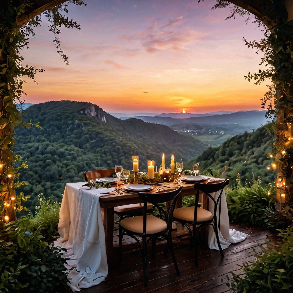 A cozy candlelit dinner table set for two, surrounded by lush greenery and fairy lights, leading into a beautiful sunset over a scenic landscape that transitions into an adventurous outdoor setting with couples hiking and laughing together. Incorporate elements of romance and adventure in a harmonious blend. soft colors. dreamy atmosphere. vibrant sunset.